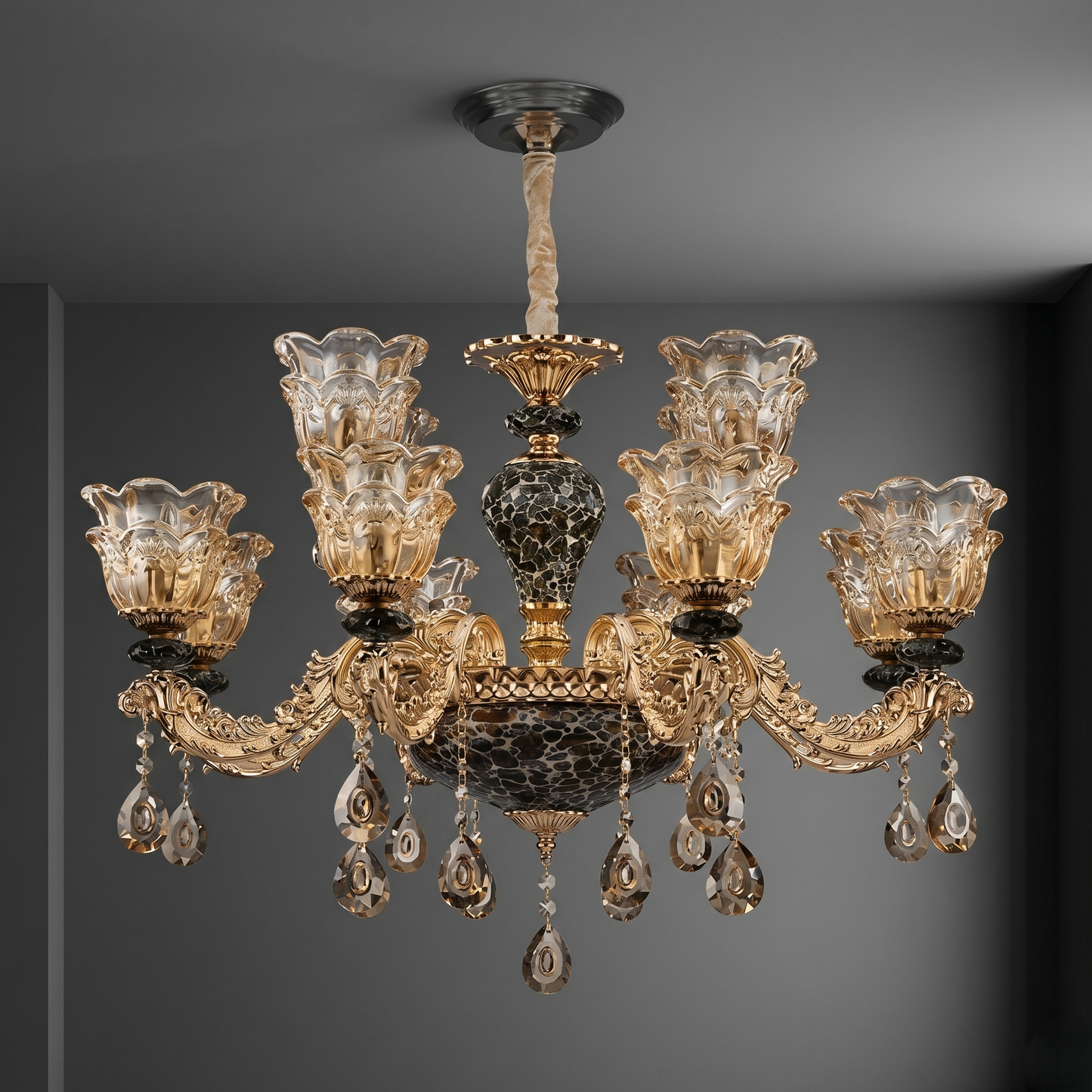 Decorative chandelier with crystal elements on a dark background