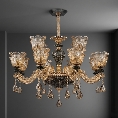 Decorative chandelier with crystal elements on a dark background
