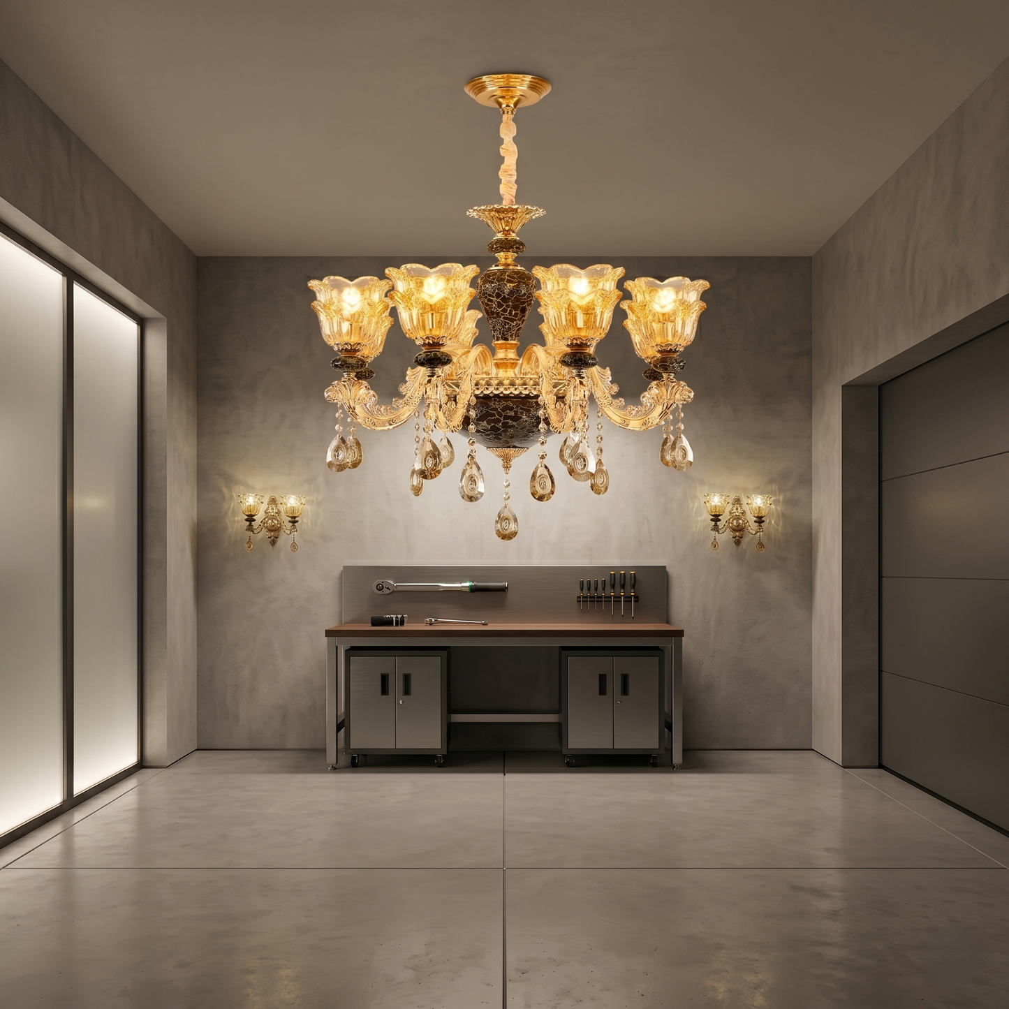 Luxurious chandelier hanging in a modern room with a desk and wall lights.