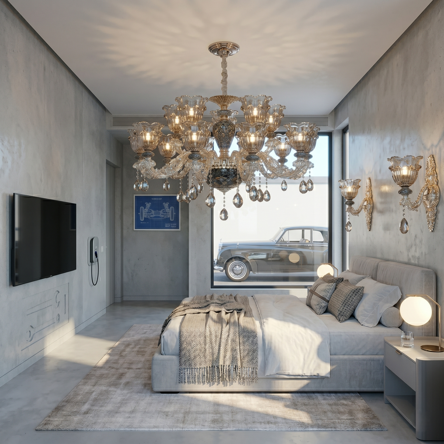 Modern living room with a chandelier, gray sofa, and wall art.
