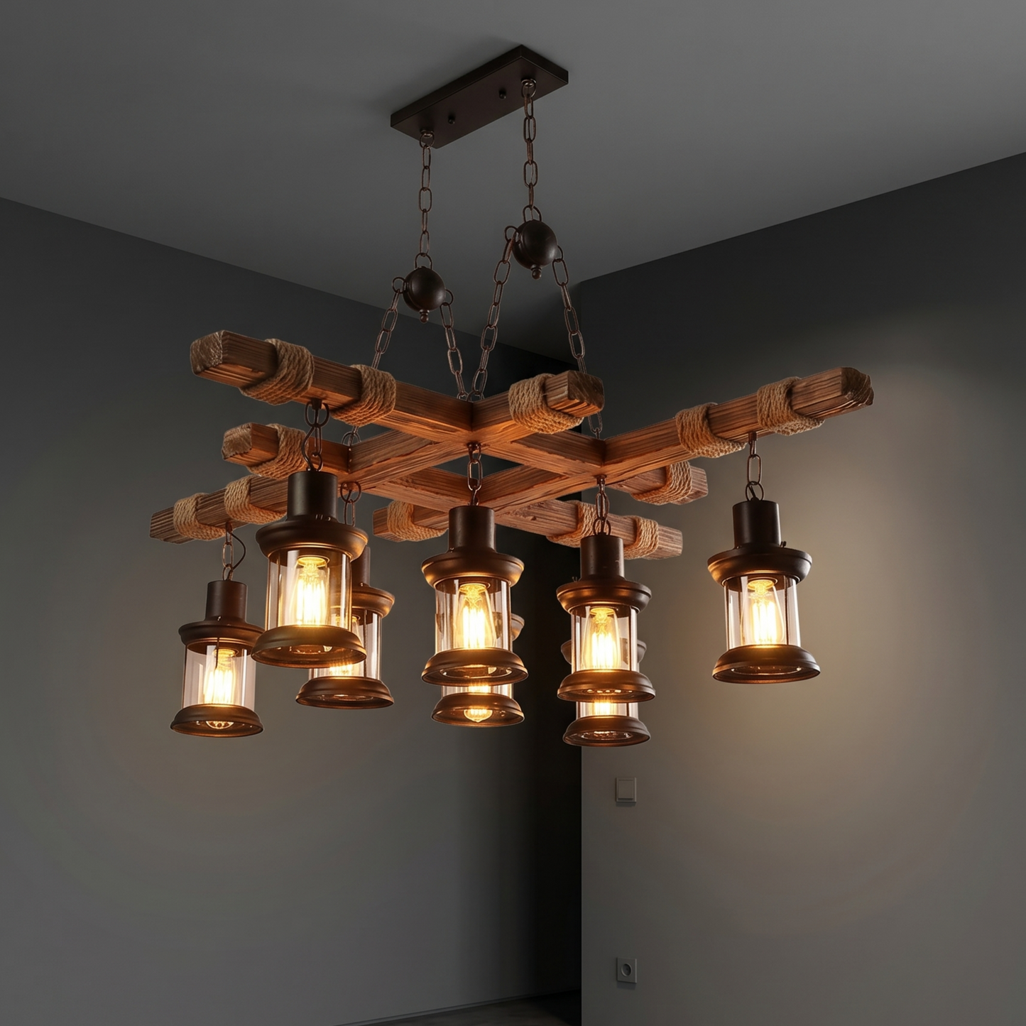 Farmhouse Lumber & Iron Pendant Chandelier: 8-Light Retro Hanging Fixture