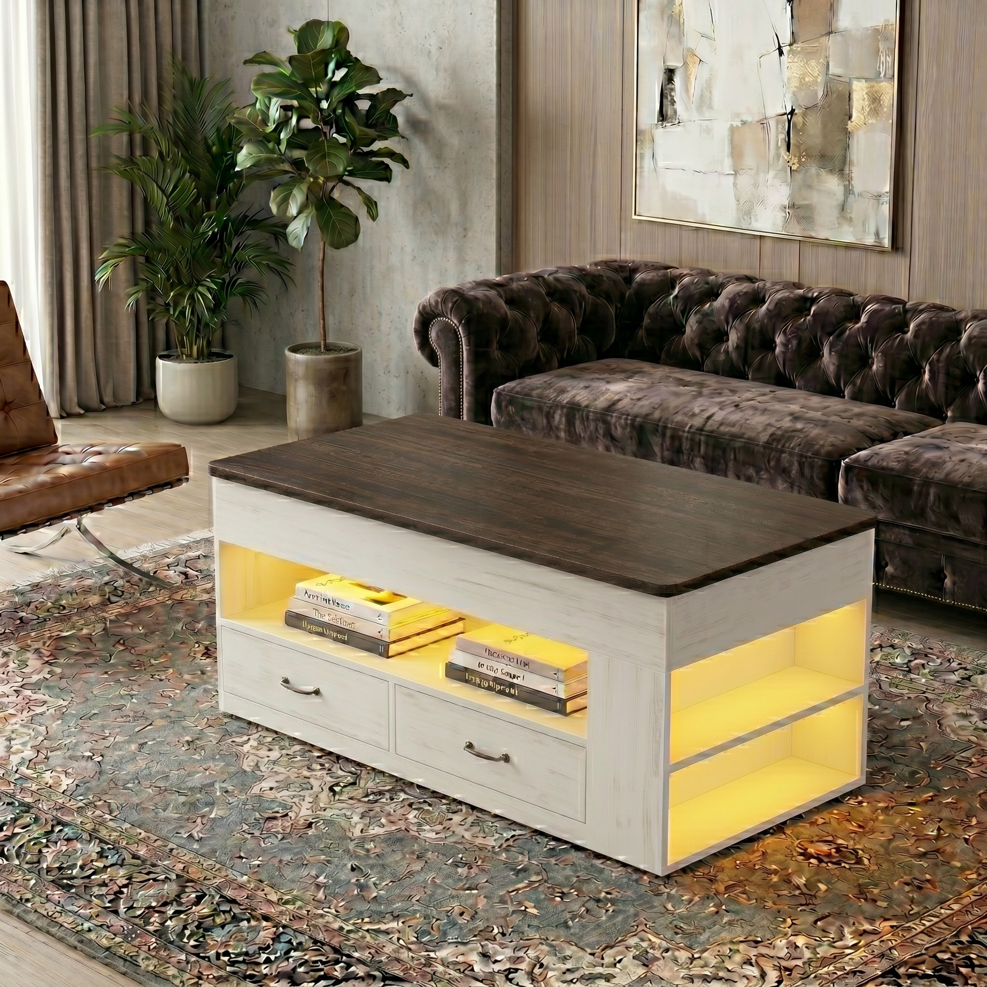 Coffee table with storage drawers in a living room setting