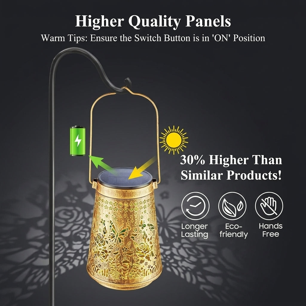 A decorative solar-powered lantern in a gold finish with laser-cut floral patterns, shown on a dark background with promotional text and icons highlighting energy efficiency, eco-friendliness, and hands-free use.
