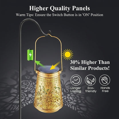 A decorative solar-powered lantern in a gold finish with laser-cut floral patterns, shown on a dark background with promotional text and icons highlighting energy efficiency, eco-friendliness, and hands-free use.