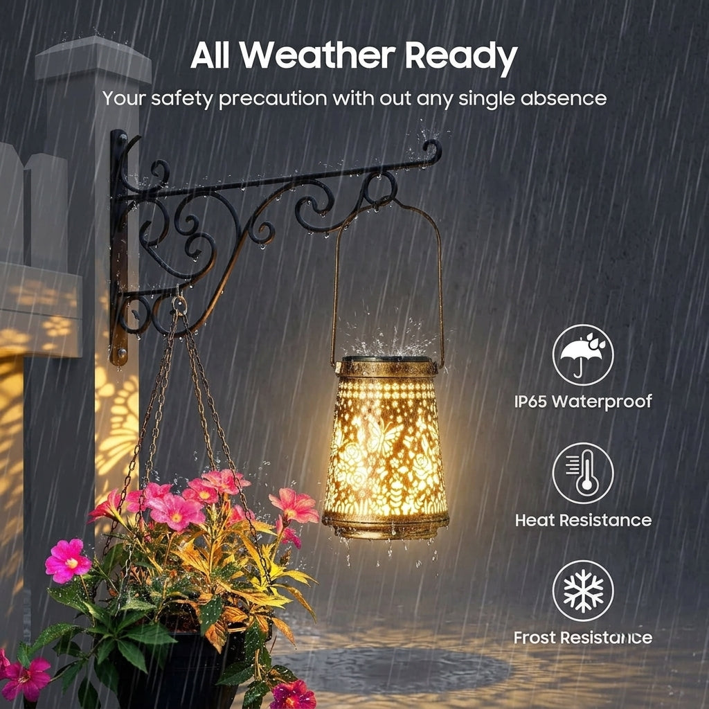 A decorative outdoor wall-mounted lantern hanging from a wrought-iron bracket, glowing warmly in the rain. The scene includes marketing text reading 'All Weather Ready' and feature icons for IP65 Waterproof, Heat Resistance, and Frost Resistance.