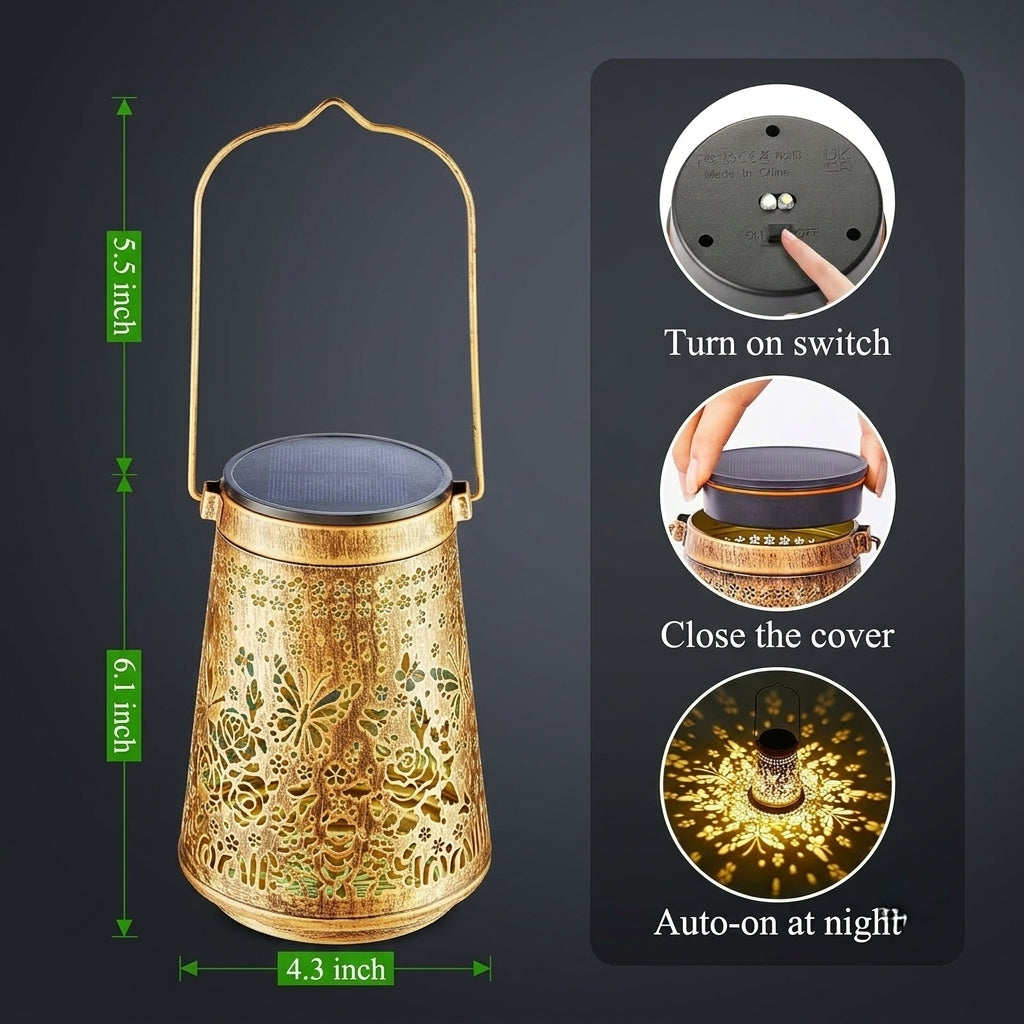 A decorative lantern with a gold-toned metal body, floral cutout pattern, and solar panel on top, shown on a dark background with measurement labels and feature callouts including turn on switch, close the cover, and auto-on at night.