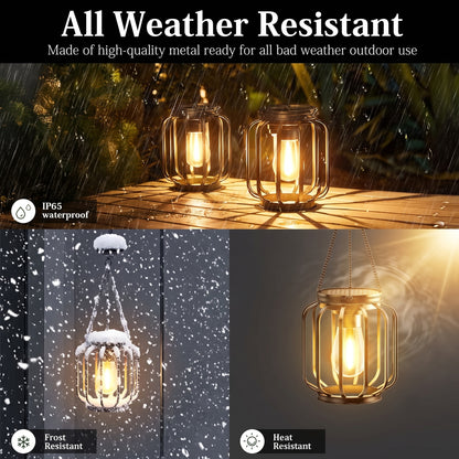 Hanging Solar Outdoor Metal Lantern with Edison Filament Bulb and Shepherd Hook