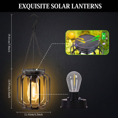 Hanging Solar Outdoor Metal Lantern with Edison Filament Bulb and Shepherd Hook