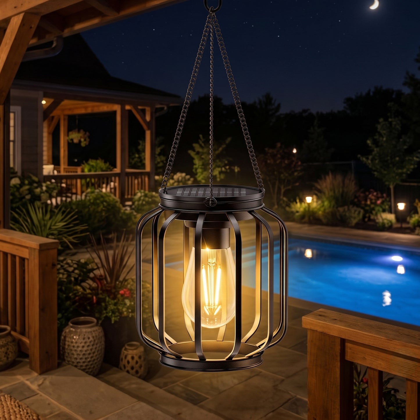 Hanging Solar Outdoor Metal Lantern with Edison Filament Bulb and Shepherd Hook