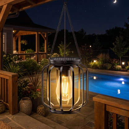 Hanging Solar Outdoor Metal Lantern with Edison Filament Bulb and Shepherd Hook