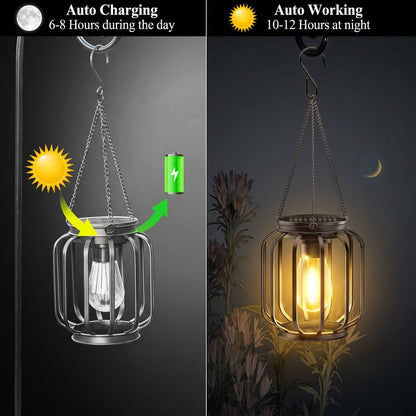 Hanging Solar Outdoor Metal Lantern with Edison Filament Bulb and Shepherd Hook