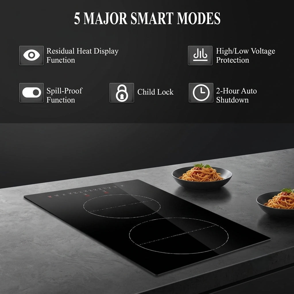 12-Inch Built-In Induction Cooktop 3000W - 2 Burners with Touch Control & Ceramic Glass