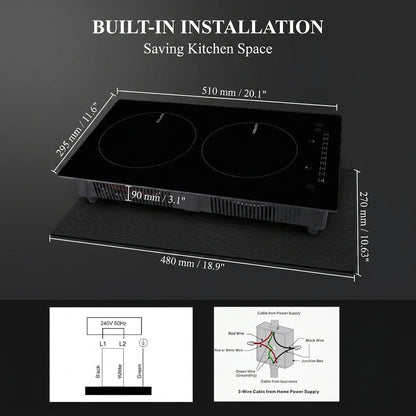 12-Inch Built-In Induction Cooktop 3000W - 2 Burners with Touch Control & Ceramic Glass