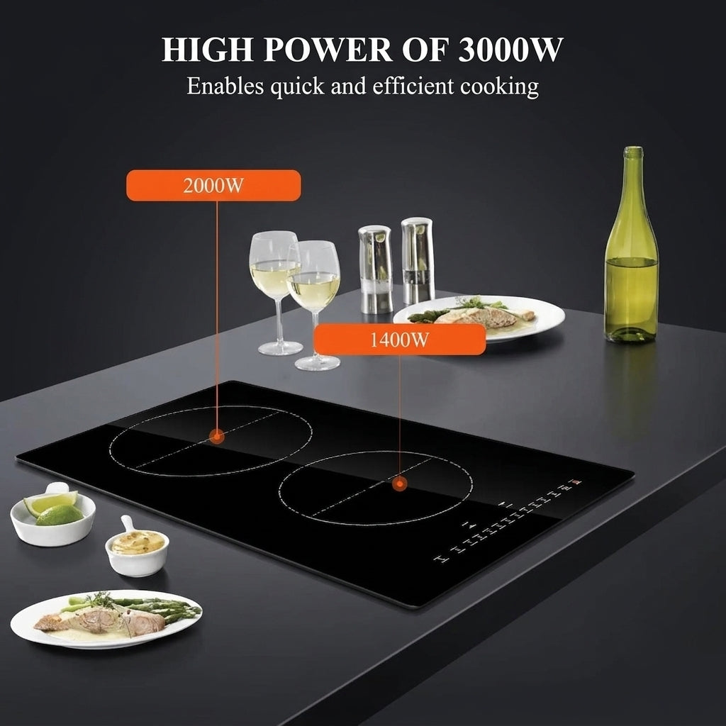 12-Inch Built-In Induction Cooktop 3000W - 2 Burners with Touch Control & Ceramic Glass