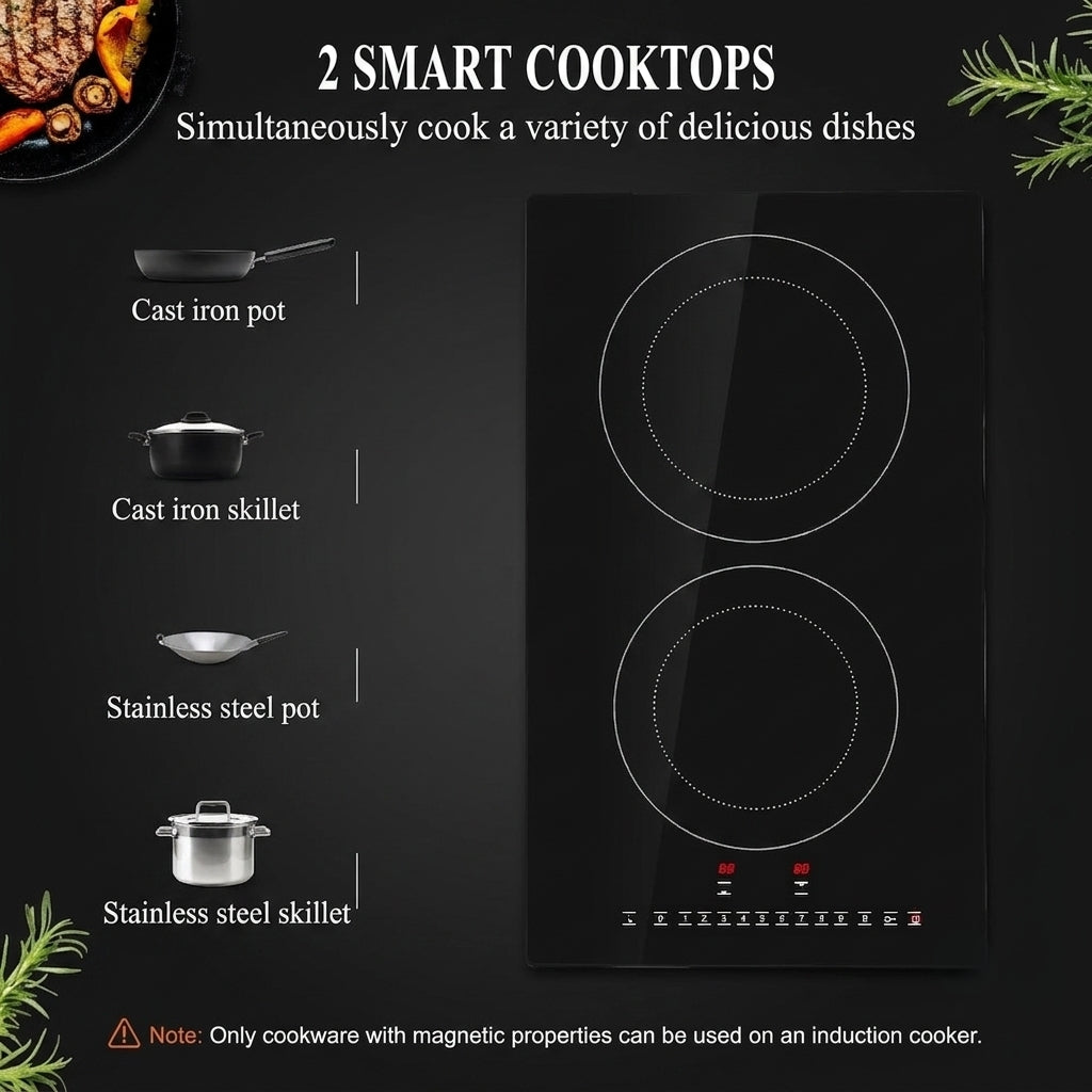 12-Inch Built-In Induction Cooktop 3000W - 2 Burners with Touch Control & Ceramic Glass