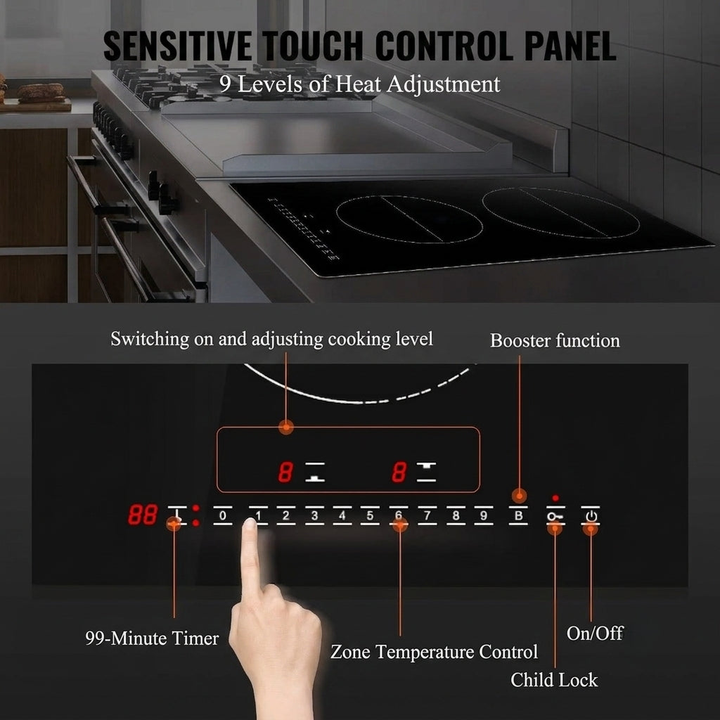 12-Inch Built-In Induction Cooktop 3000W - 2 Burners with Touch Control & Ceramic Glass