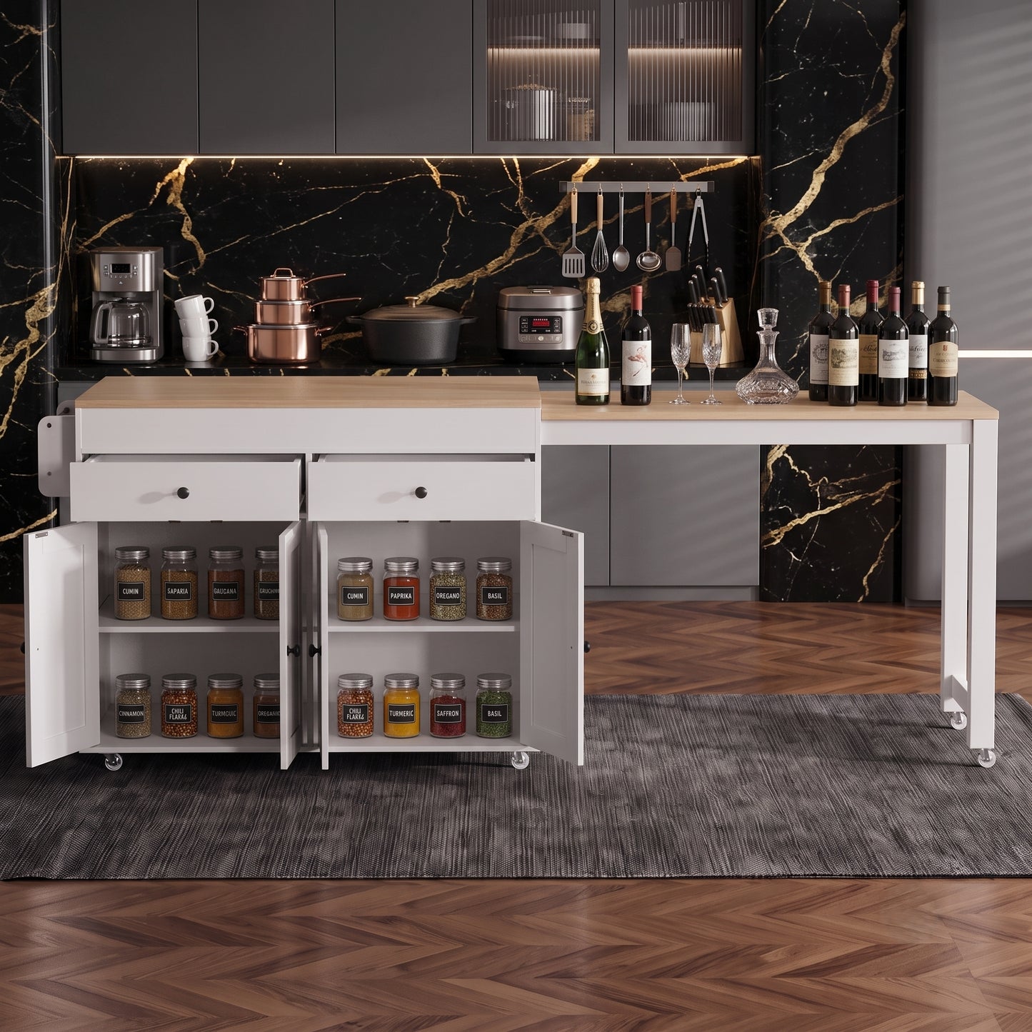 74-Inch Extendable Kitchen Island Cart with Storage & Dining Table