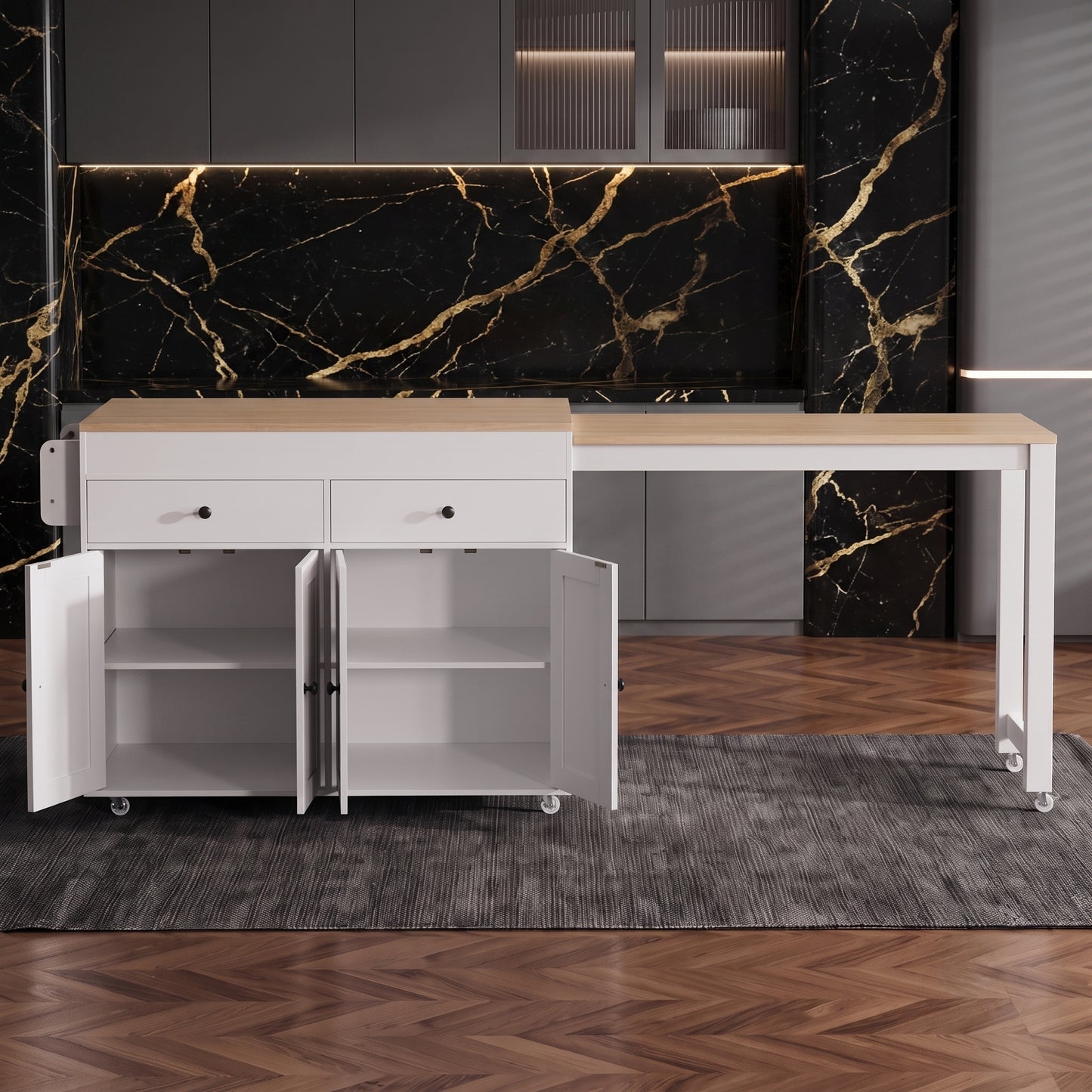 74-Inch Extendable Kitchen Island Cart with Storage & Dining Table