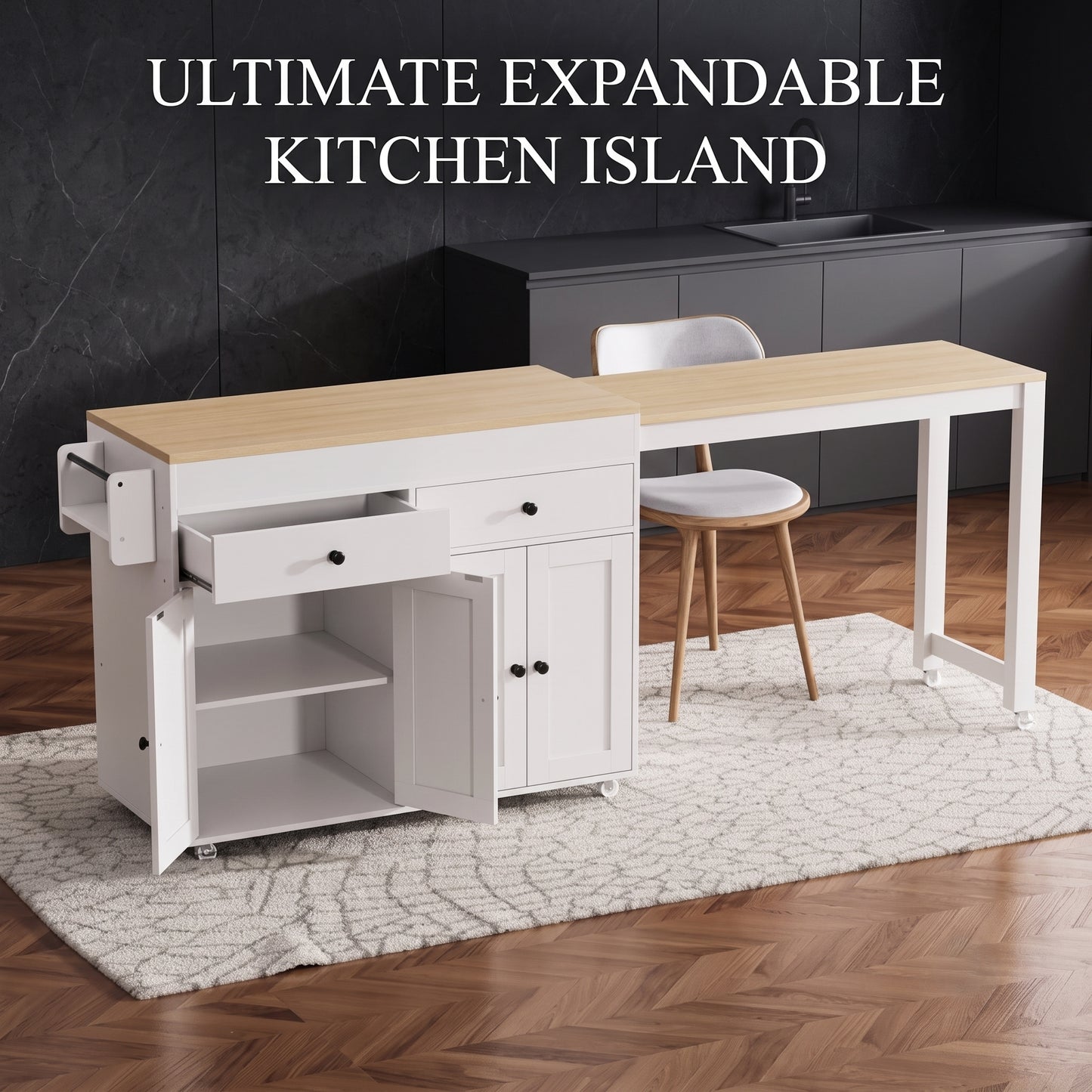 74-Inch Extendable Kitchen Island Cart with Storage & Dining Table