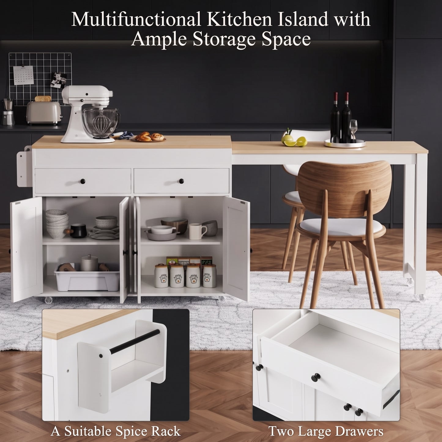 74-Inch Extendable Kitchen Island Cart with Storage & Dining Table