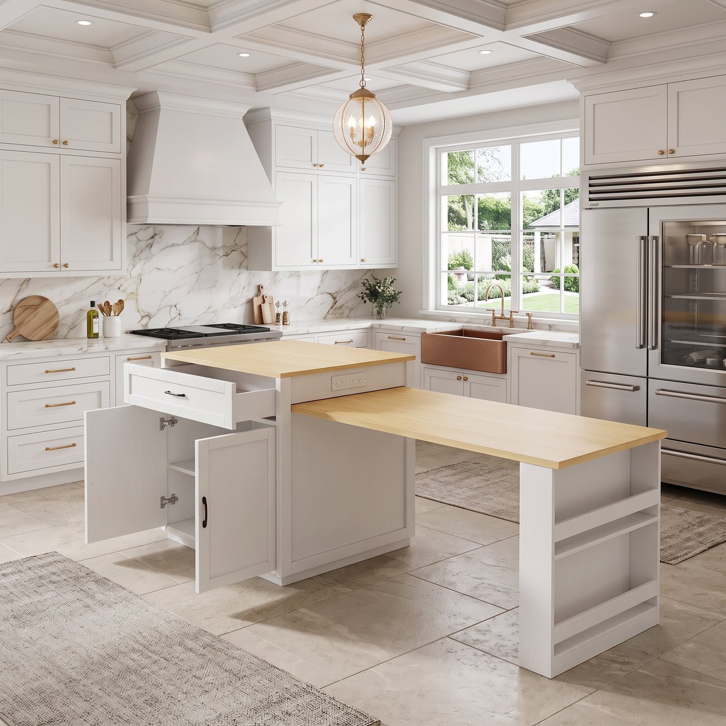 74-Inch Extendable Kitchen Island with Dining Table & Power Outlet