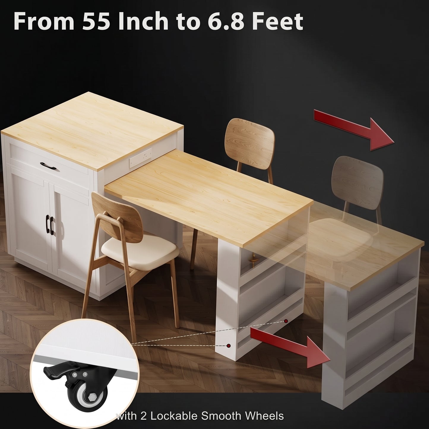 74-Inch Extendable Kitchen Island with Dining Table & Power Outlet