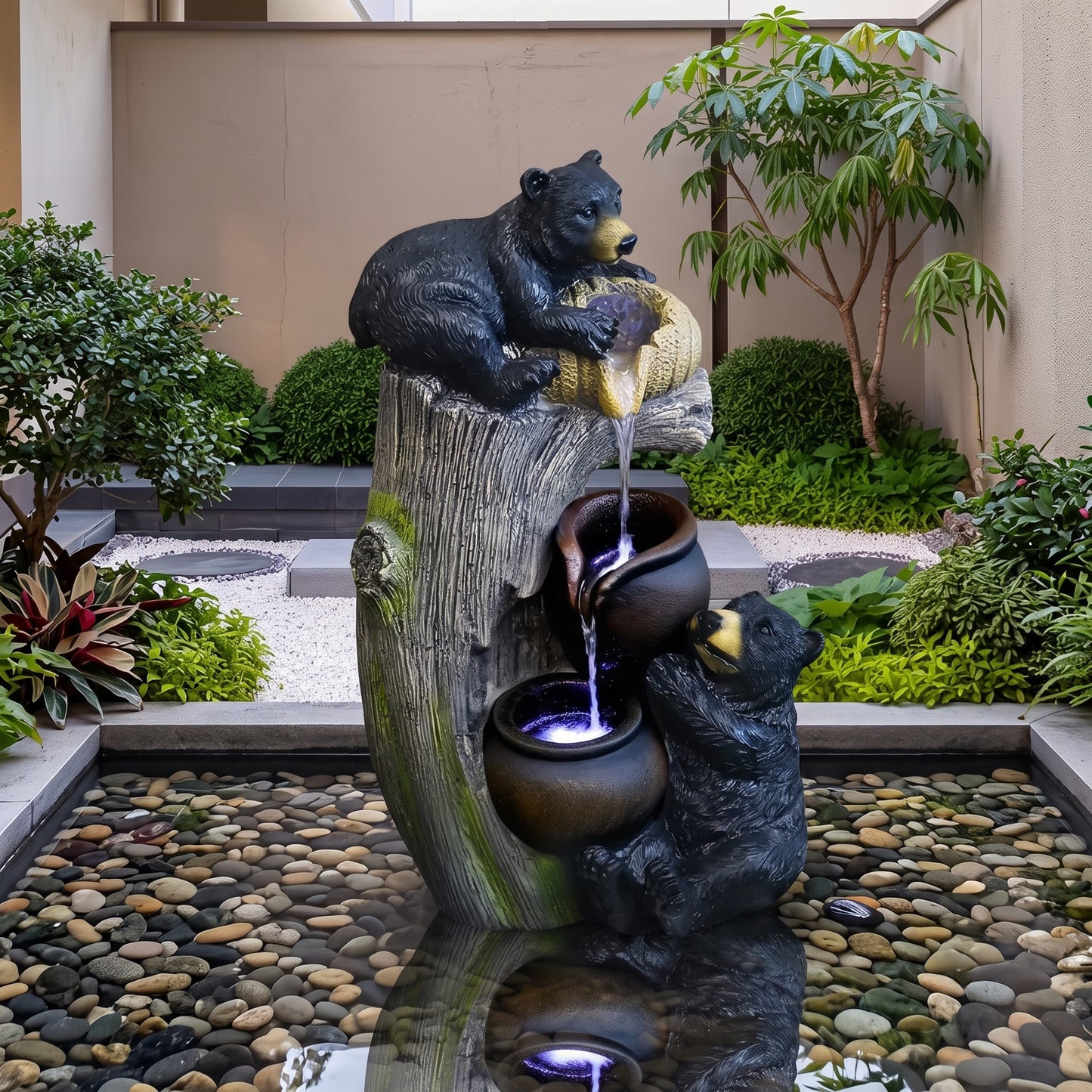 Black Bear Outdoor Water Fountain | 3-Tier Resin LED Garden Statue & Patio Decor