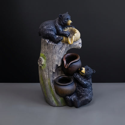 Black Bear Outdoor Water Fountain | 3-Tier Resin LED Garden Statue & Patio Decor