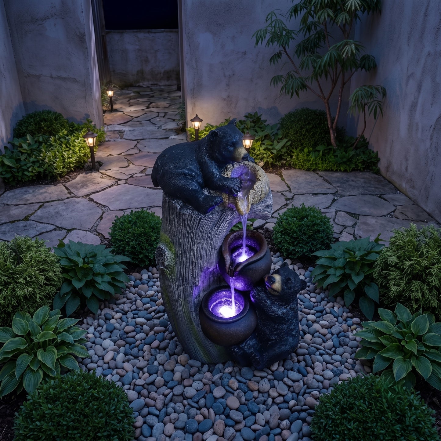Black Bear Outdoor Water Fountain | 3-Tier Resin LED Garden Statue & Patio Decor