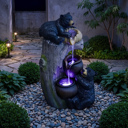 Black Bear Outdoor Water Fountain | 3-Tier Resin LED Garden Statue & Patio Decor