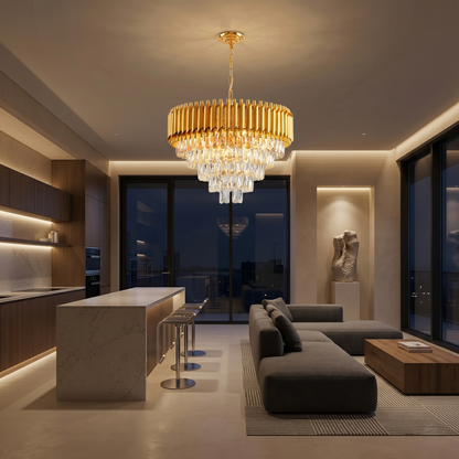 Luxury Brass Tiered Clear Glass Droplet Ceiling Fixture for Elegant Interiors