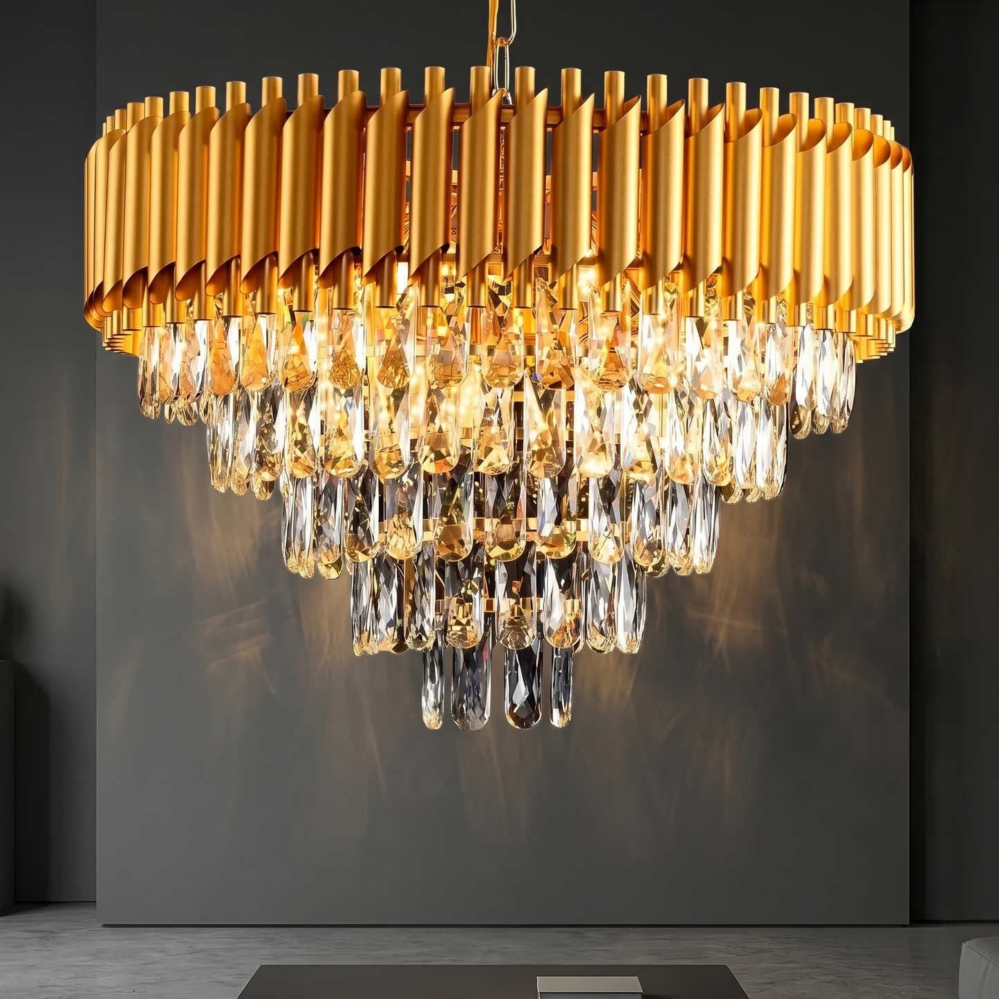 Luxury Brass Tiered Clear Glass Droplet Ceiling Fixture for Elegant Interiors