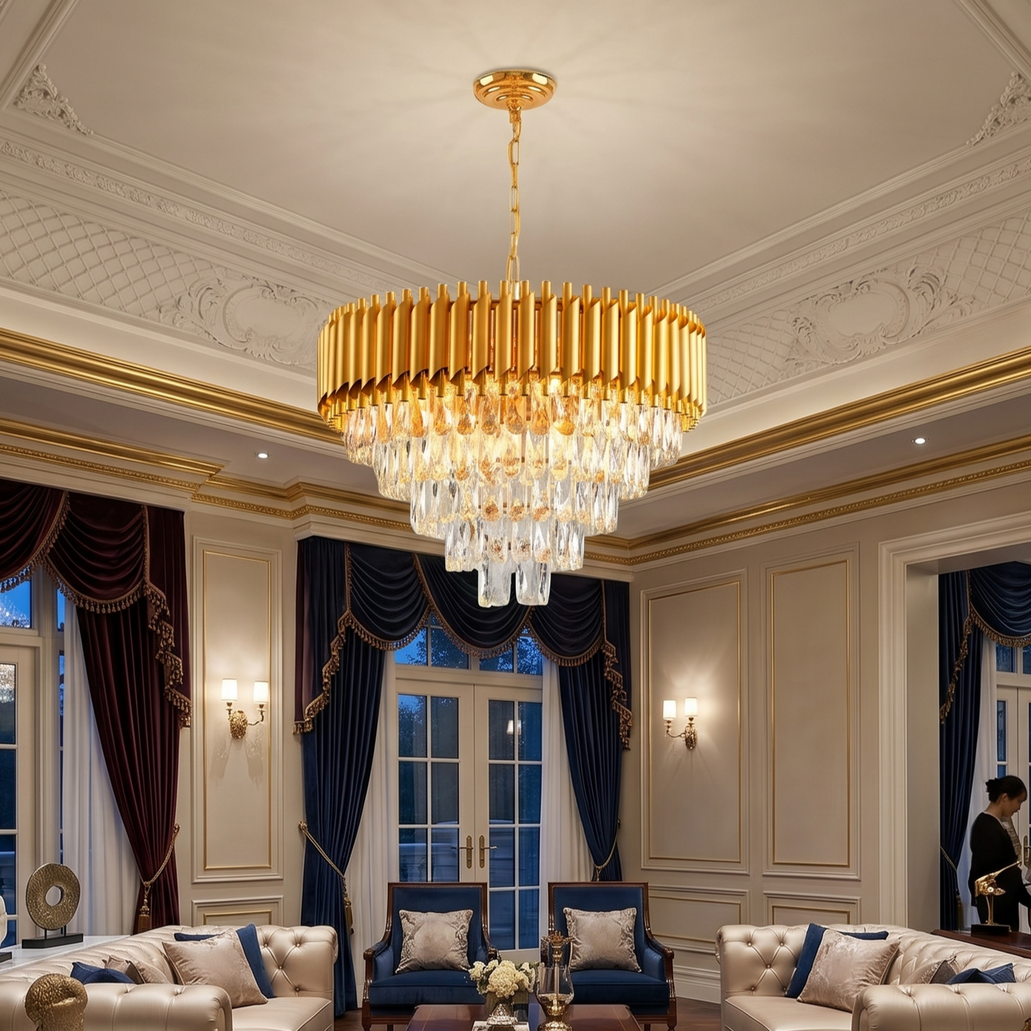 Luxury Brass Tiered Clear Glass Droplet Ceiling Fixture for Elegant Interiors
