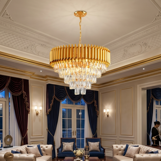 Luxury Brass Tiered Clear Glass Droplet Ceiling Fixture for Elegant Interiors