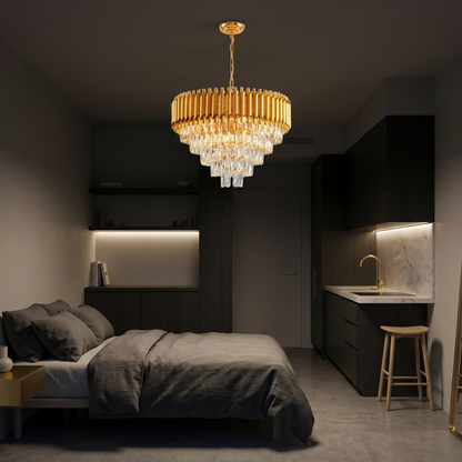 Luxury Brass Tiered Clear Glass Droplet Ceiling Fixture for Elegant Interiors
