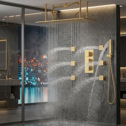 Brushed Gold Thermostatic Rainfall Shower System with Body Jets