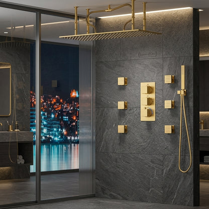 Brushed Gold Thermostatic Rainfall Shower System with Body Jets