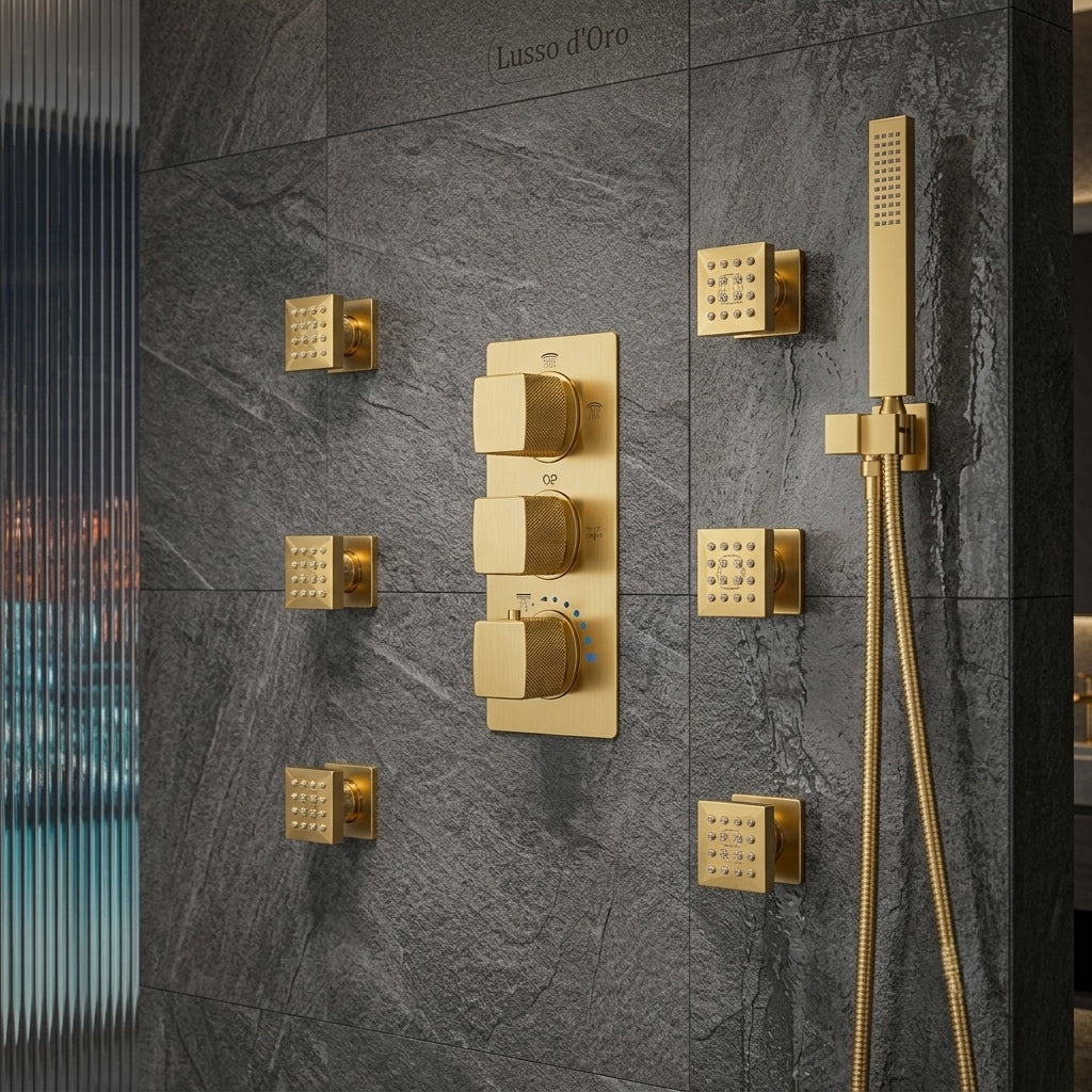 Brushed Gold Thermostatic Rainfall Shower System with Body Jets
