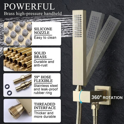 Brushed Gold Thermostatic Rainfall Shower System with Body Jets