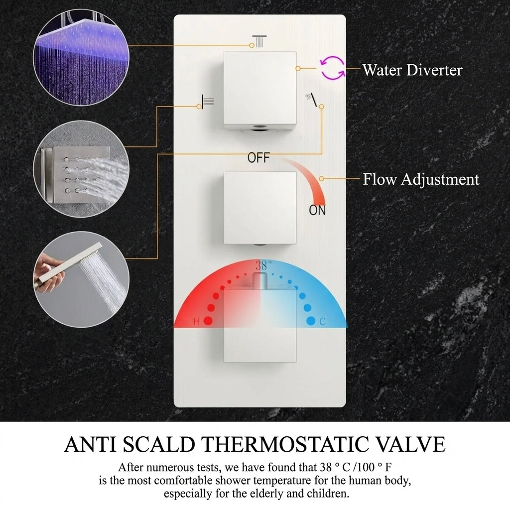 Brushed Gold Thermostatic Rainfall Shower System with Body Jets