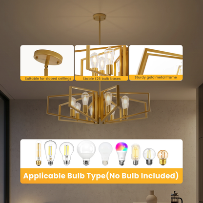 Gold chandelier with bulb types displayed on a neutral background