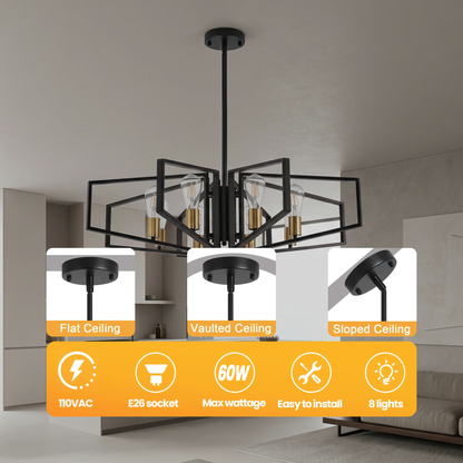 Modern chandelier with installation instructions for flat, vaulted, and sloped ceilings.