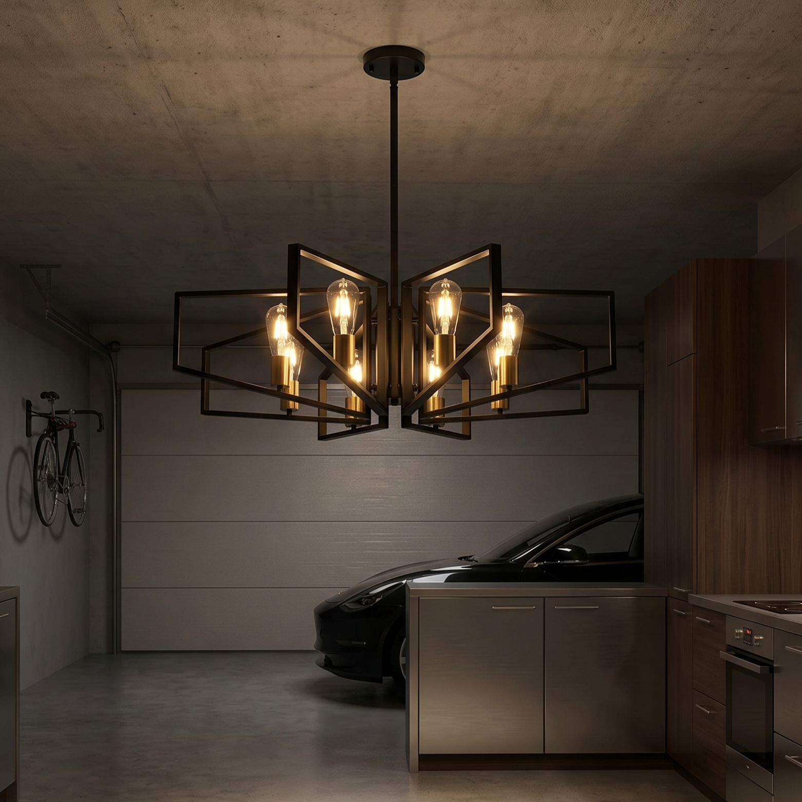 Modern chandelier in a dimly lit garage with a car and kitchen cabinets.