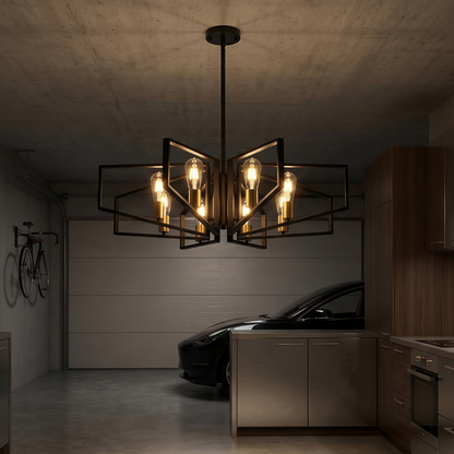 Modern chandelier in a dimly lit garage with a car and kitchen cabinets.