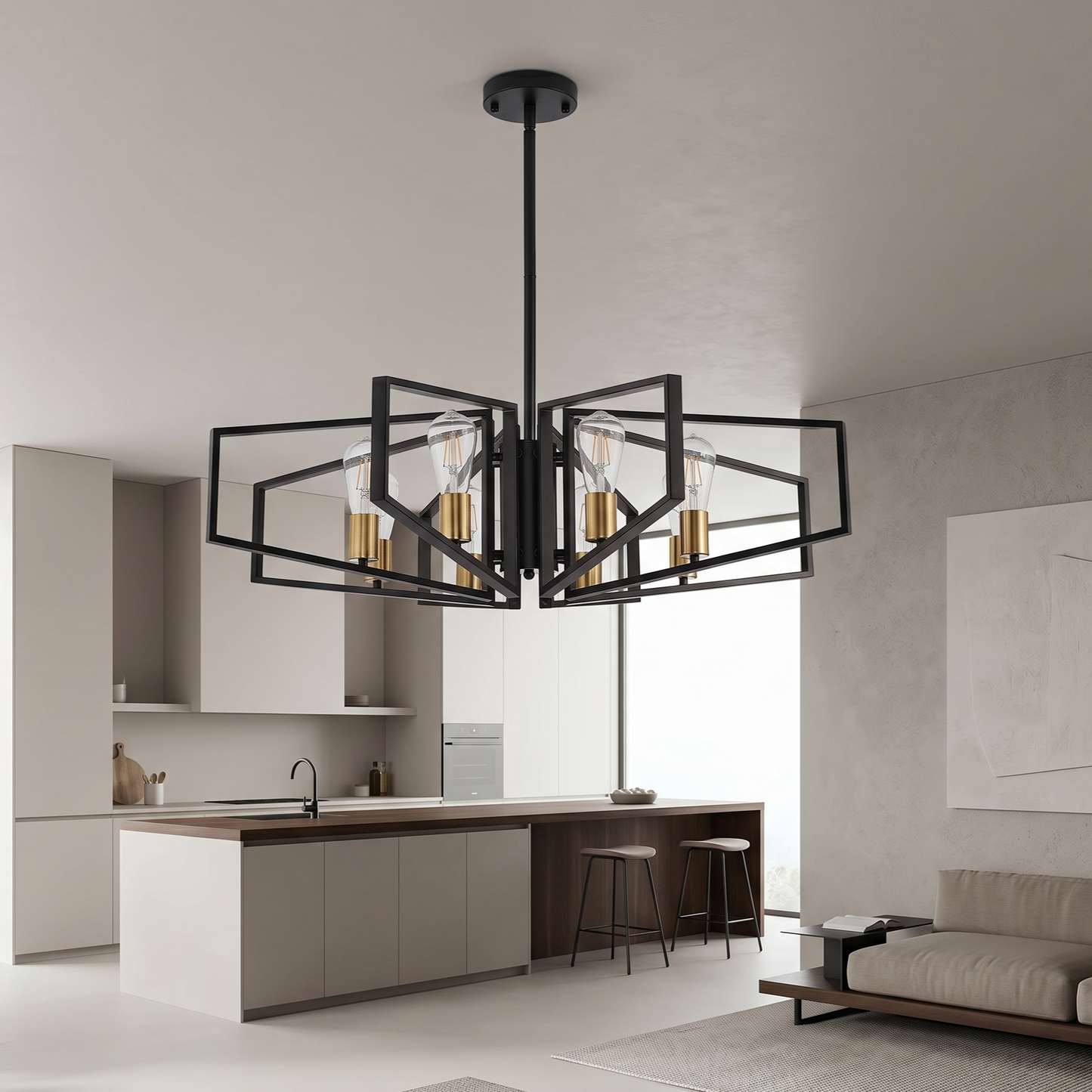 Modern black chandelier hanging in a kitchen with neutral decor
