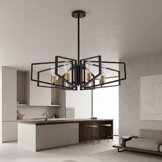 Modern black chandelier hanging in a kitchen with neutral decor