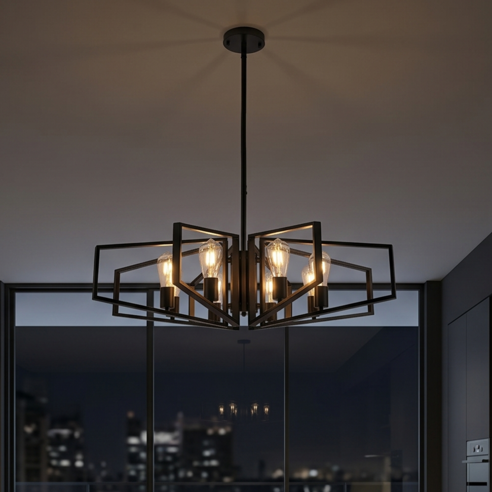Modern chandelier with geometric design in a dark room with cityscape view