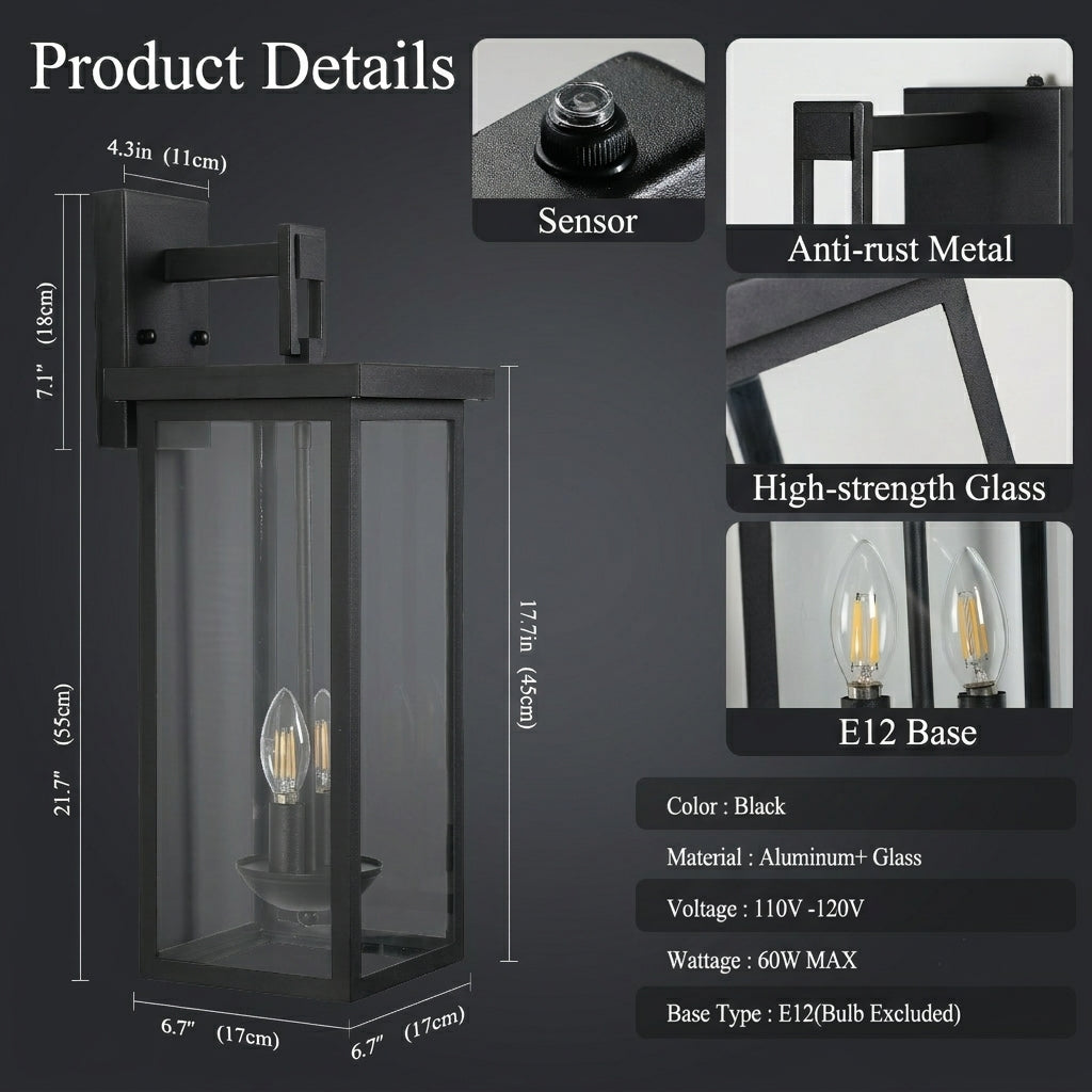 Modern Matte Black 22-Inch Waterproof Exterior Lantern Light Fixtures Set