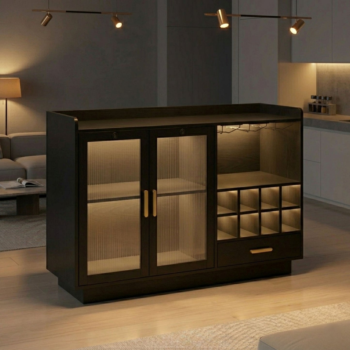 Dark wooden cabinet with glass doors in a modern living room setting