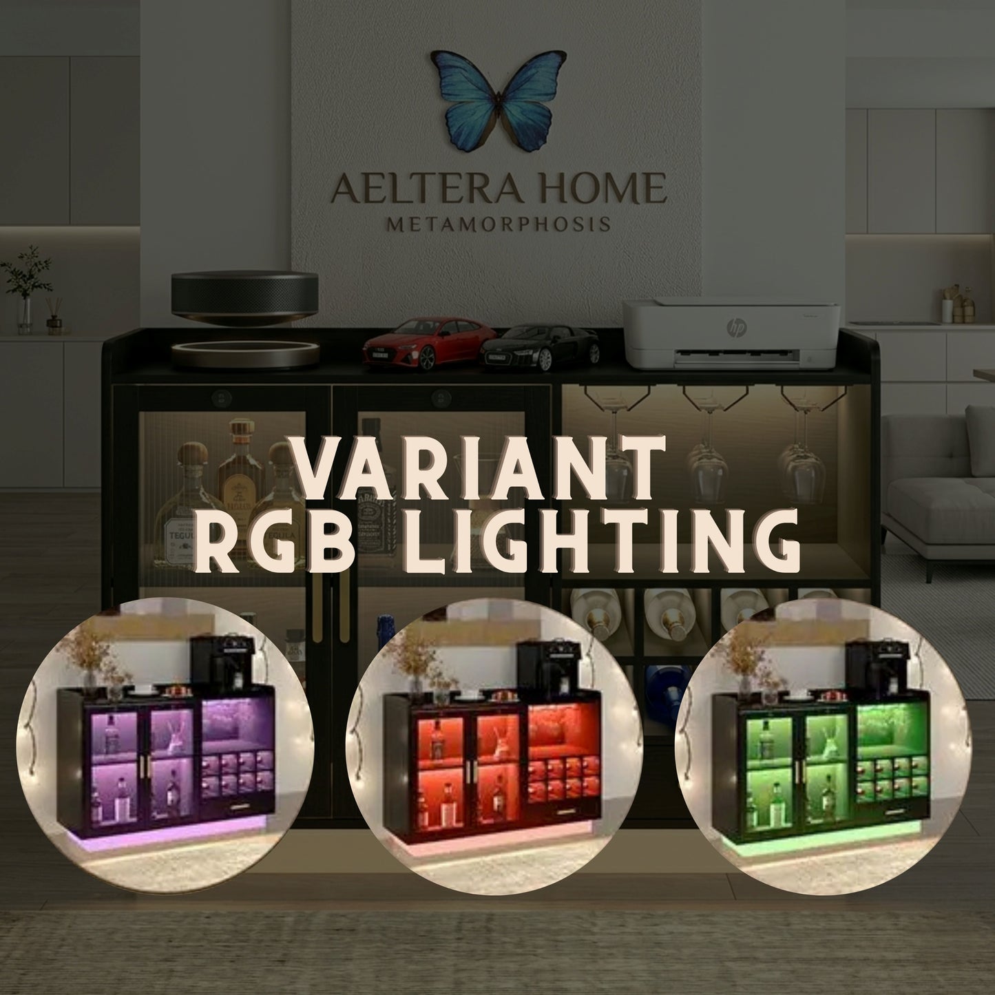 Futuristic cabinet with RGB lighting options in a modern room setting, featuring Aeltera Home branding.